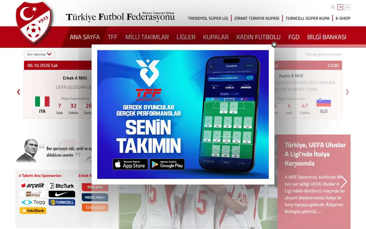 Tampilan website resmi Tim nasional sepak bola Turki (tff.org)