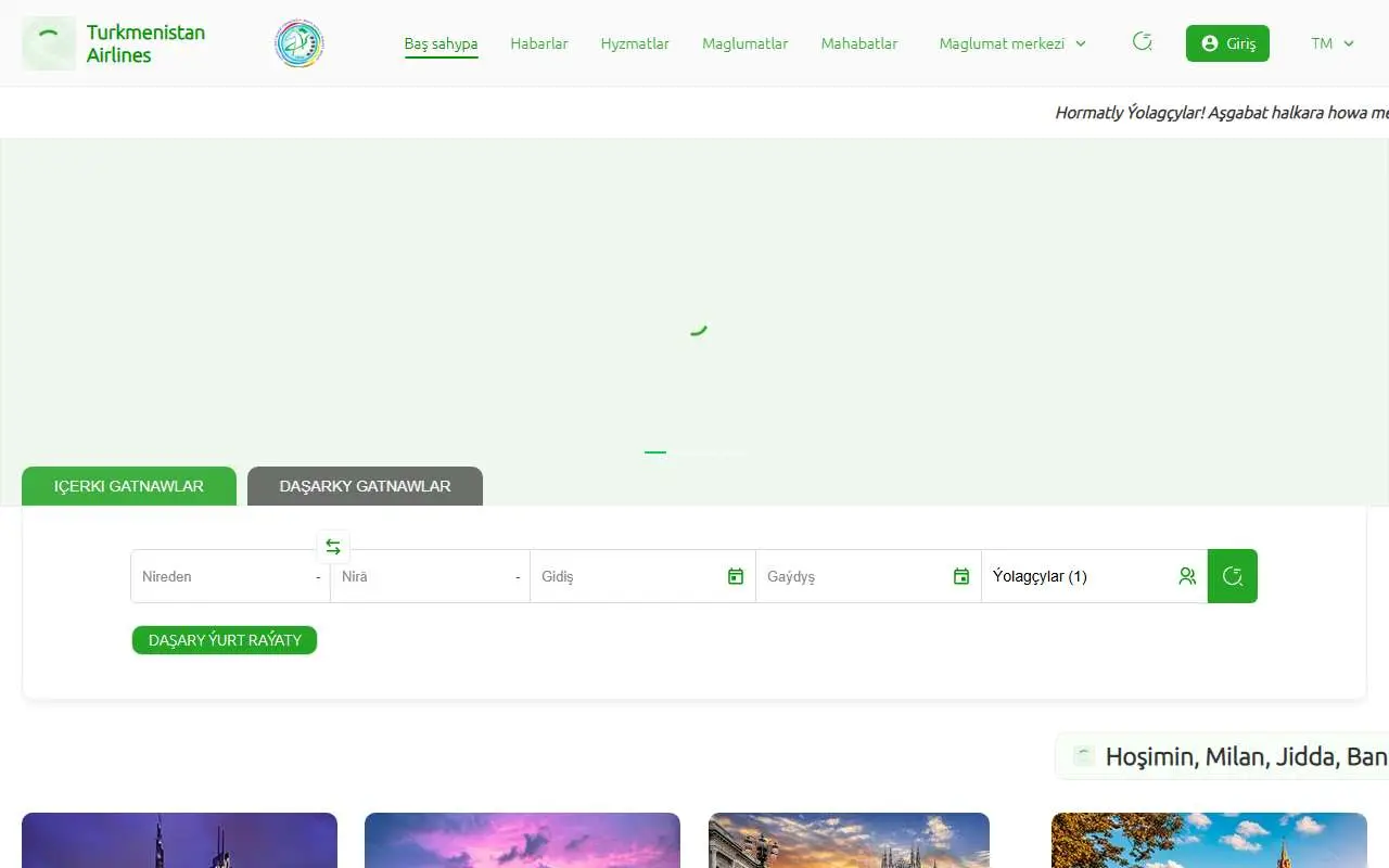Tampilan website resmi Turkmenistan Airlines (turkmenistanairlines.tm)