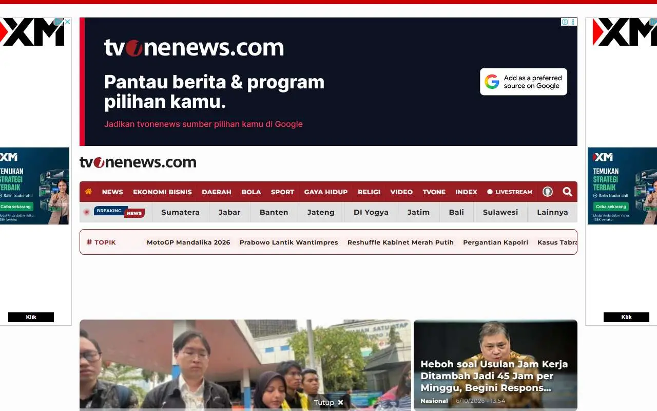 Tampilan website resmi tvOne (tvonenews.com)