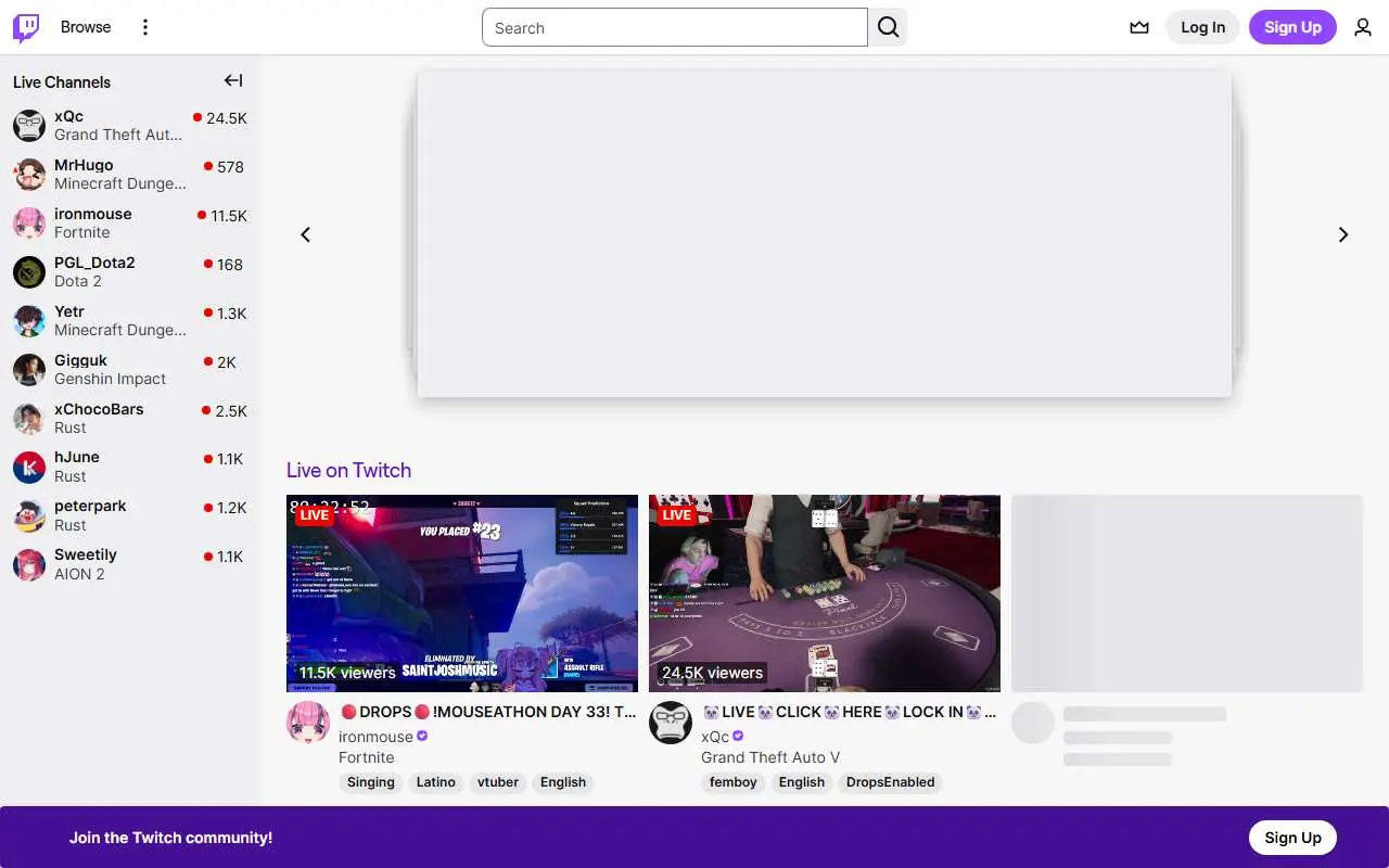 Tampilan website resmi Twitch (twitch.tv)