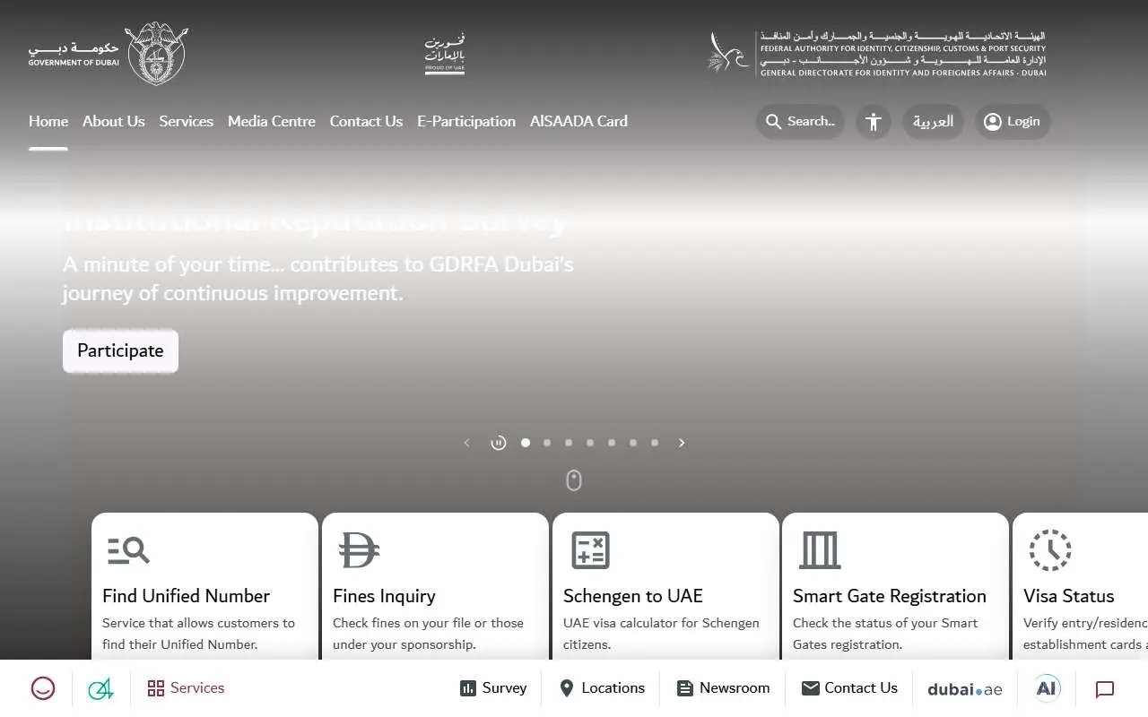 Tampilan website resmi GDRFA Dubai (gdrfad.gov.ae)