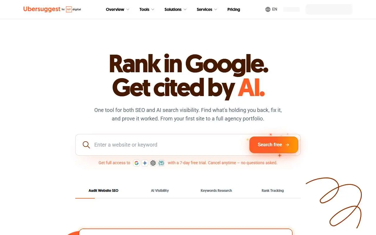 Tampilan website resmi Ubersuggest (ubersuggest.com)