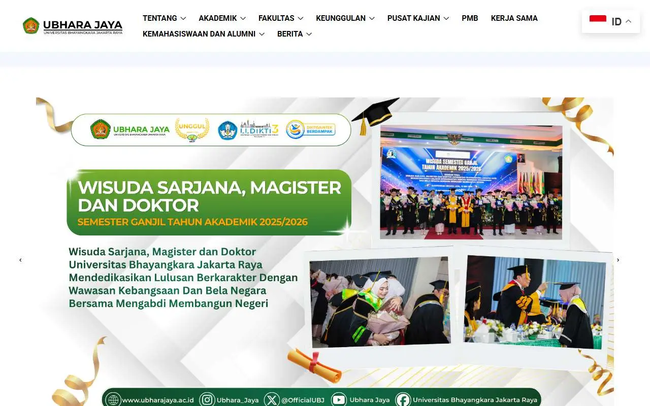 Tampilan website resmi Universitas Bhayangkara Jakarta Raya (ubharajaya.ac.id)
