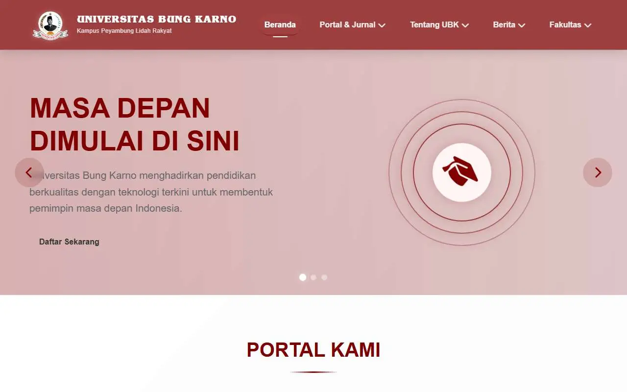 Tampilan website resmi Universitas Bung Karno (ubk.ac.id)