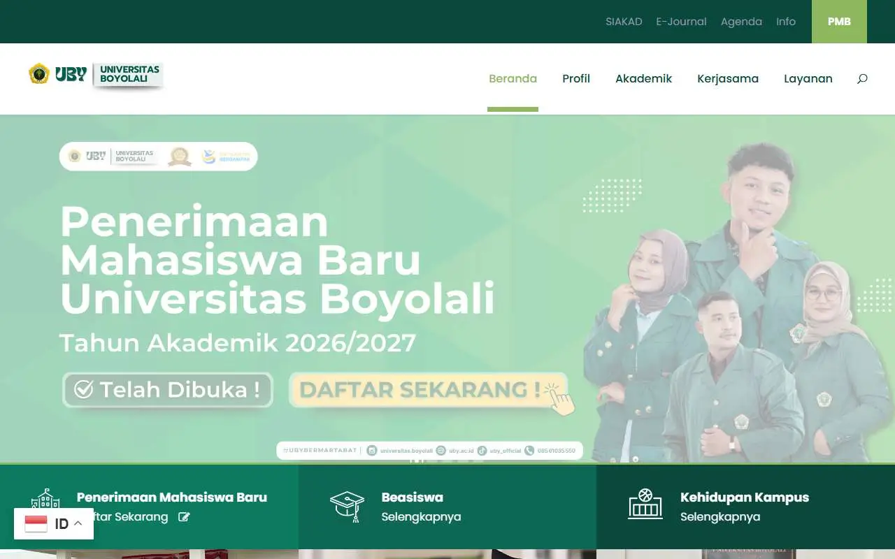 Tampilan website resmi Universitas Boyolali (uby.ac.id)
