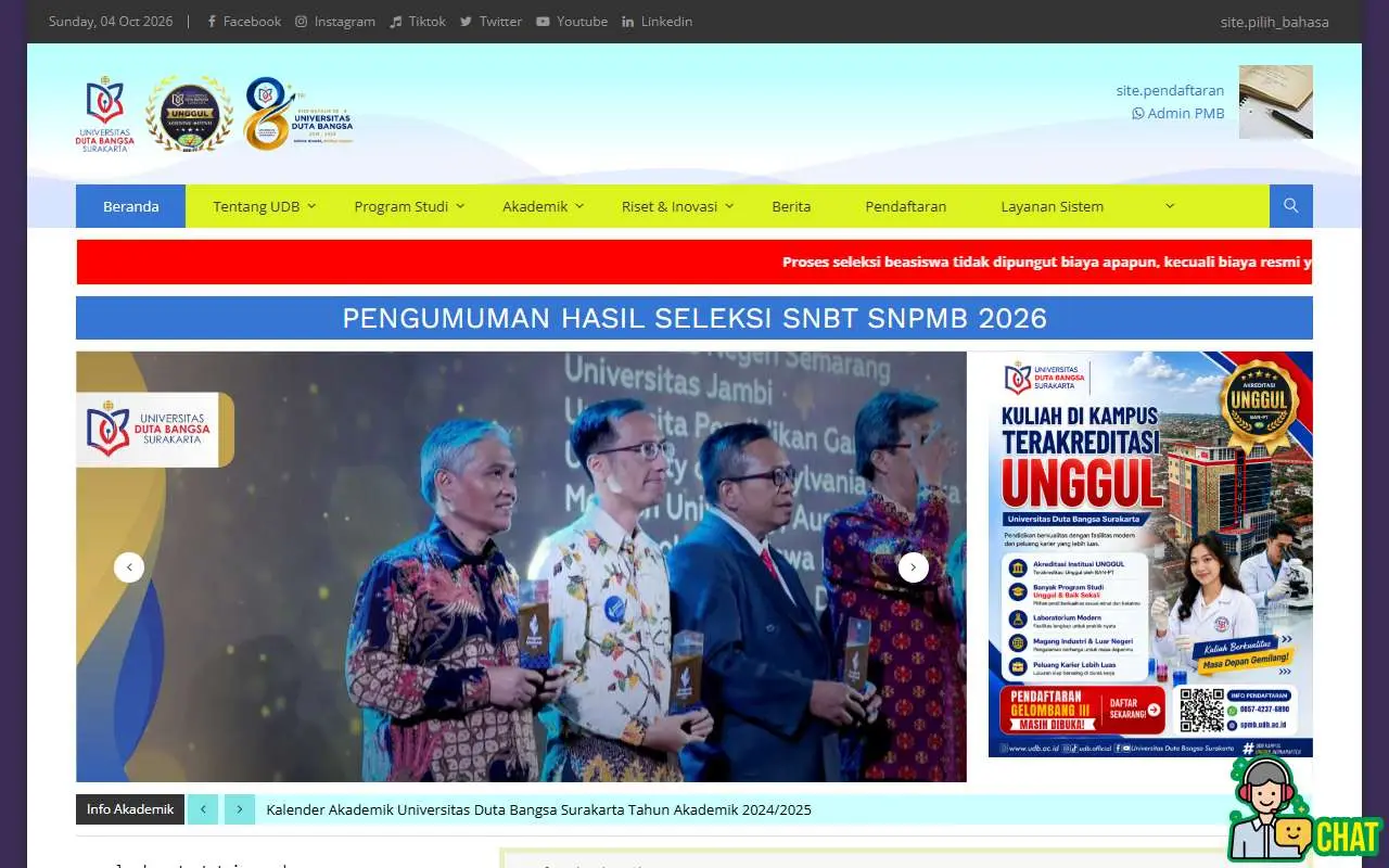 Tampilan website resmi Universitas Duta Bangsa (udb.ac.id)