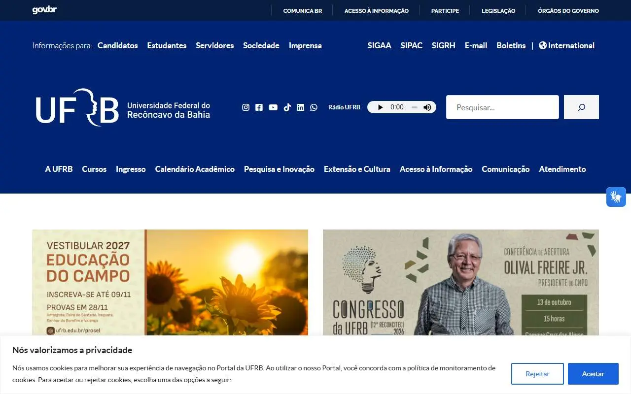 Tampilan website resmi Univ. Federal do Recôncavo da Bahia (ufrb.edu.br)