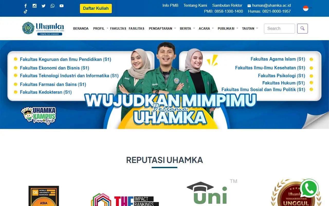 Tampilan website resmi Universitas Muhammadiyah Prof Dr Hamka (uhamka.ac.id)