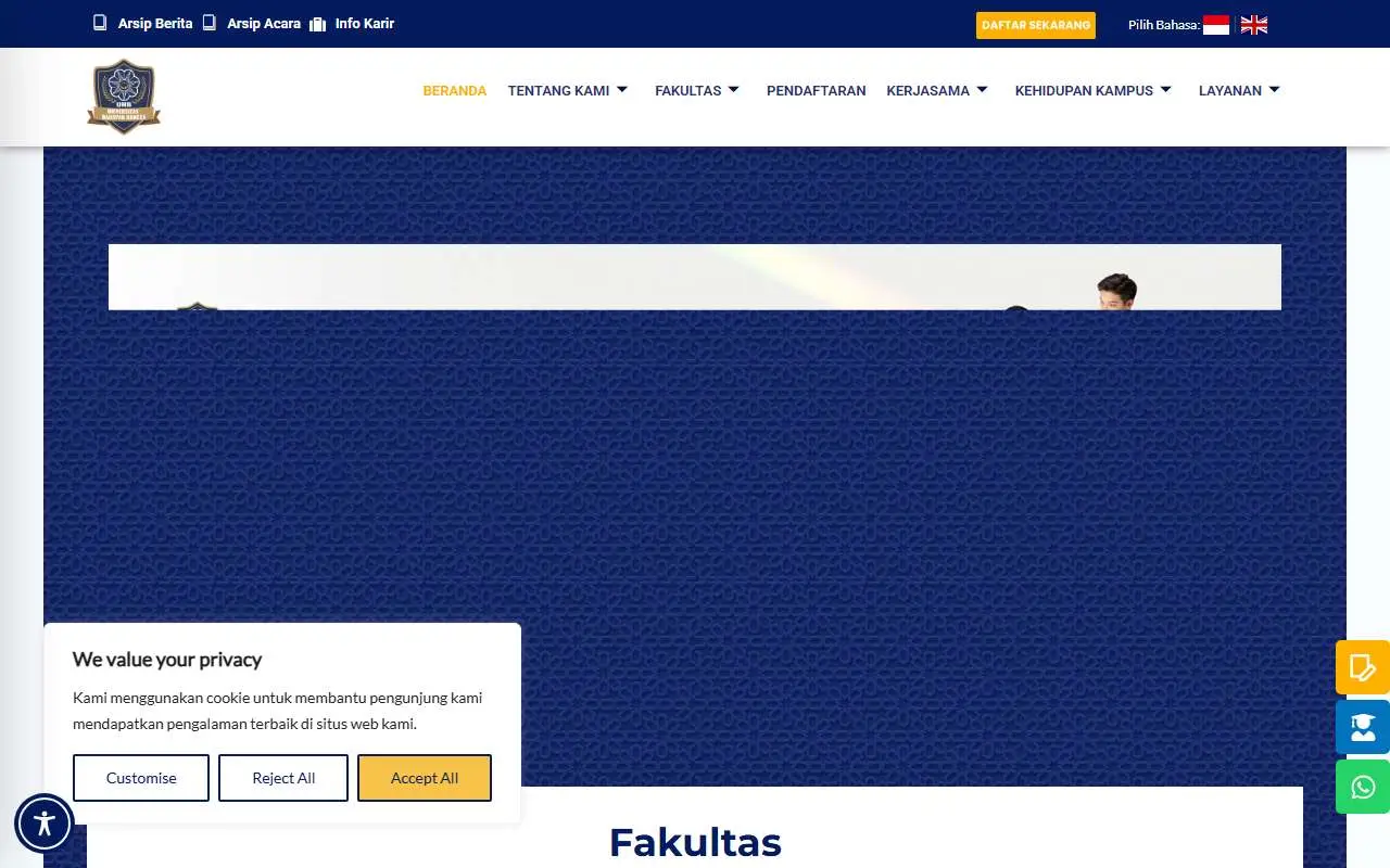 Tampilan website resmi Universitas Harapan Bangsa (uhb.ac.id)