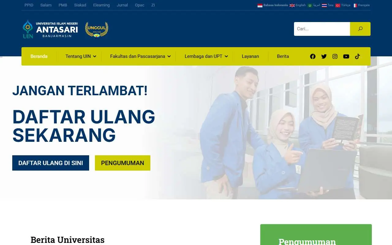 Tampilan website resmi Universitas Islam Negeri Antasari (uin-antasari.ac.id)