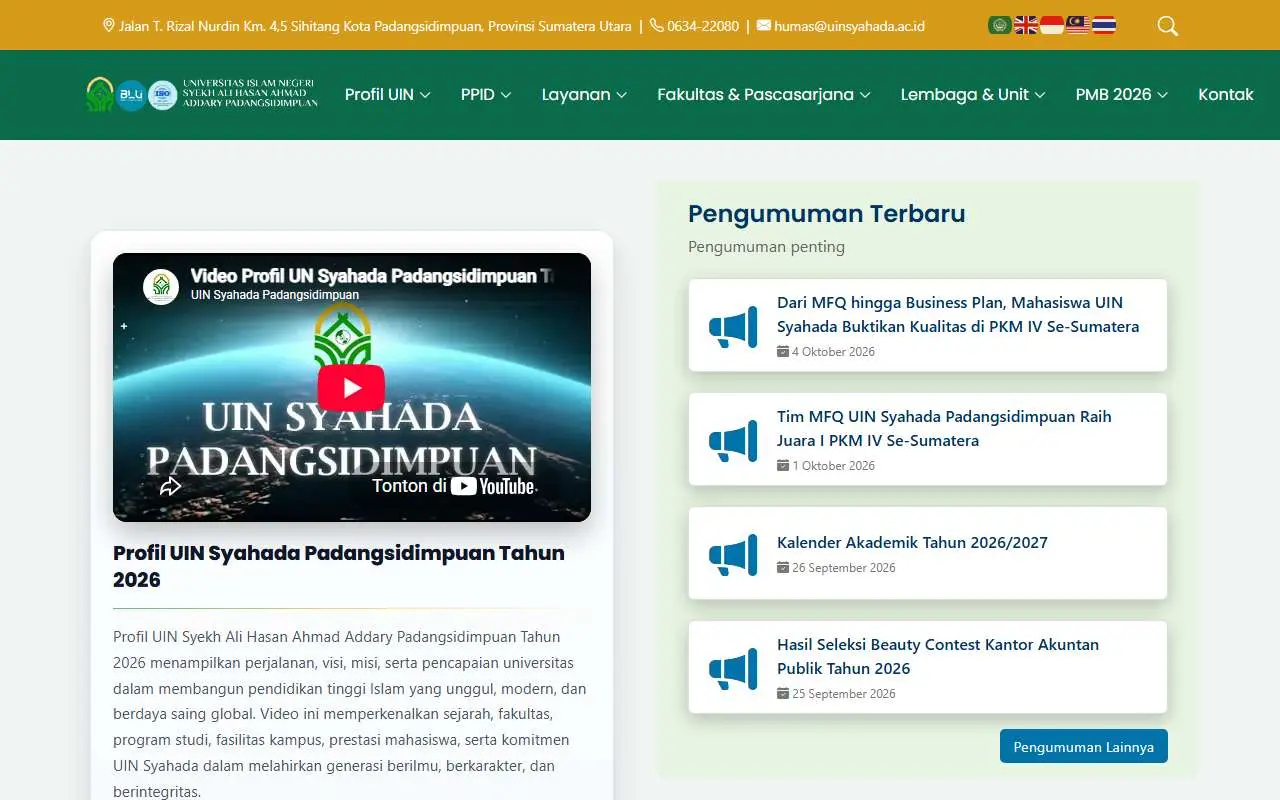 Tampilan website resmi UIN Syahada Padangsidimpuan (uinsyahada.ac.id)