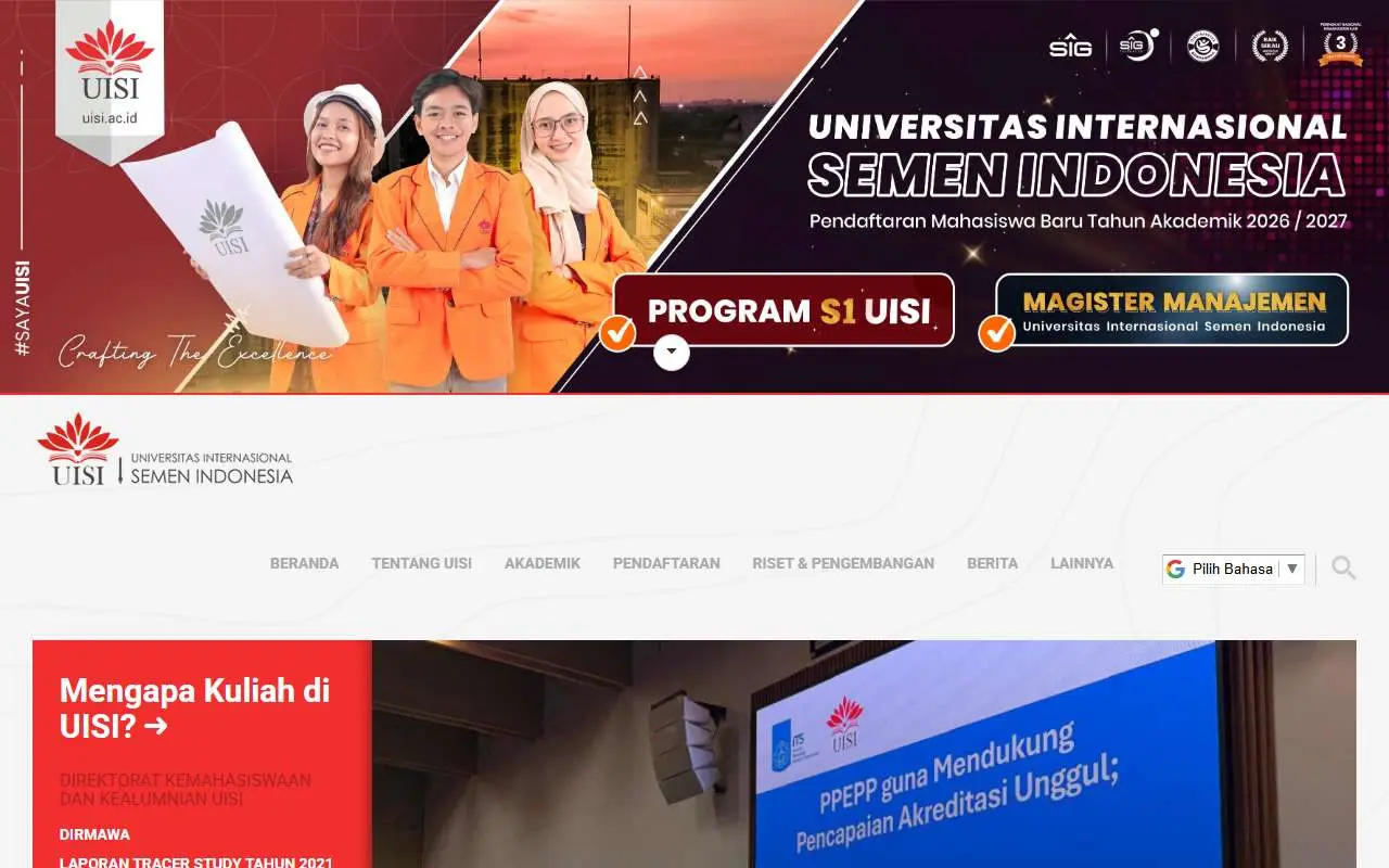 Tampilan website resmi Universitas Internasional Semen Indonesia (uisi.ac.id)