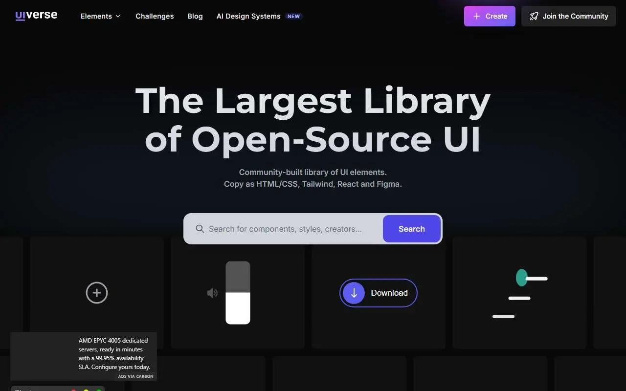 Tampilan website resmi Uiverse (uiverse.io)