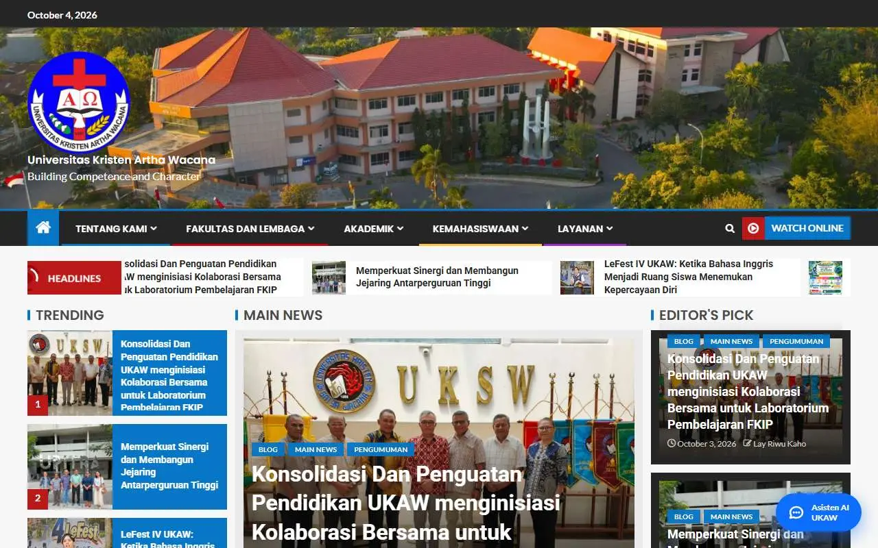 Tampilan website resmi Universitas Kristen Artha Wacana (ukaw.ac.id)