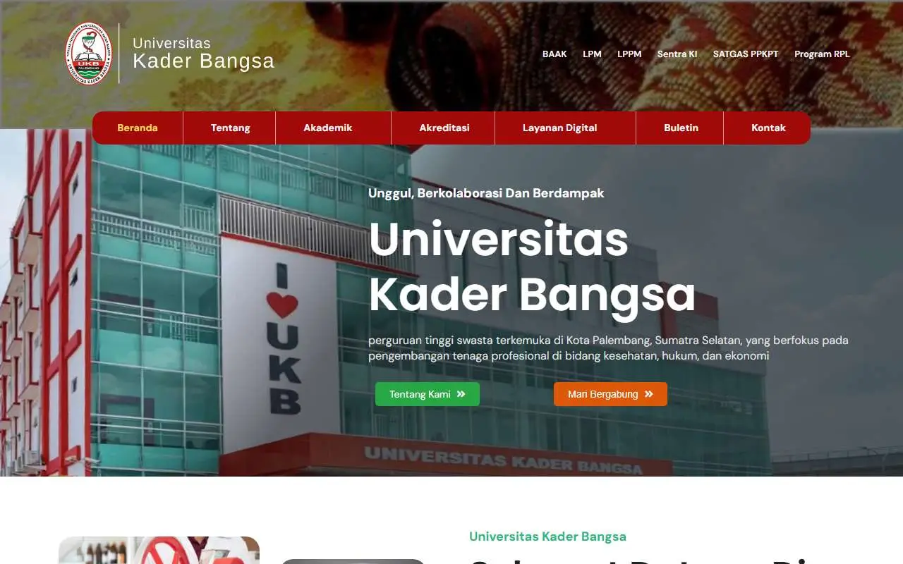 Tampilan website resmi Universitas Kader Bangsa (ukb.ac.id)