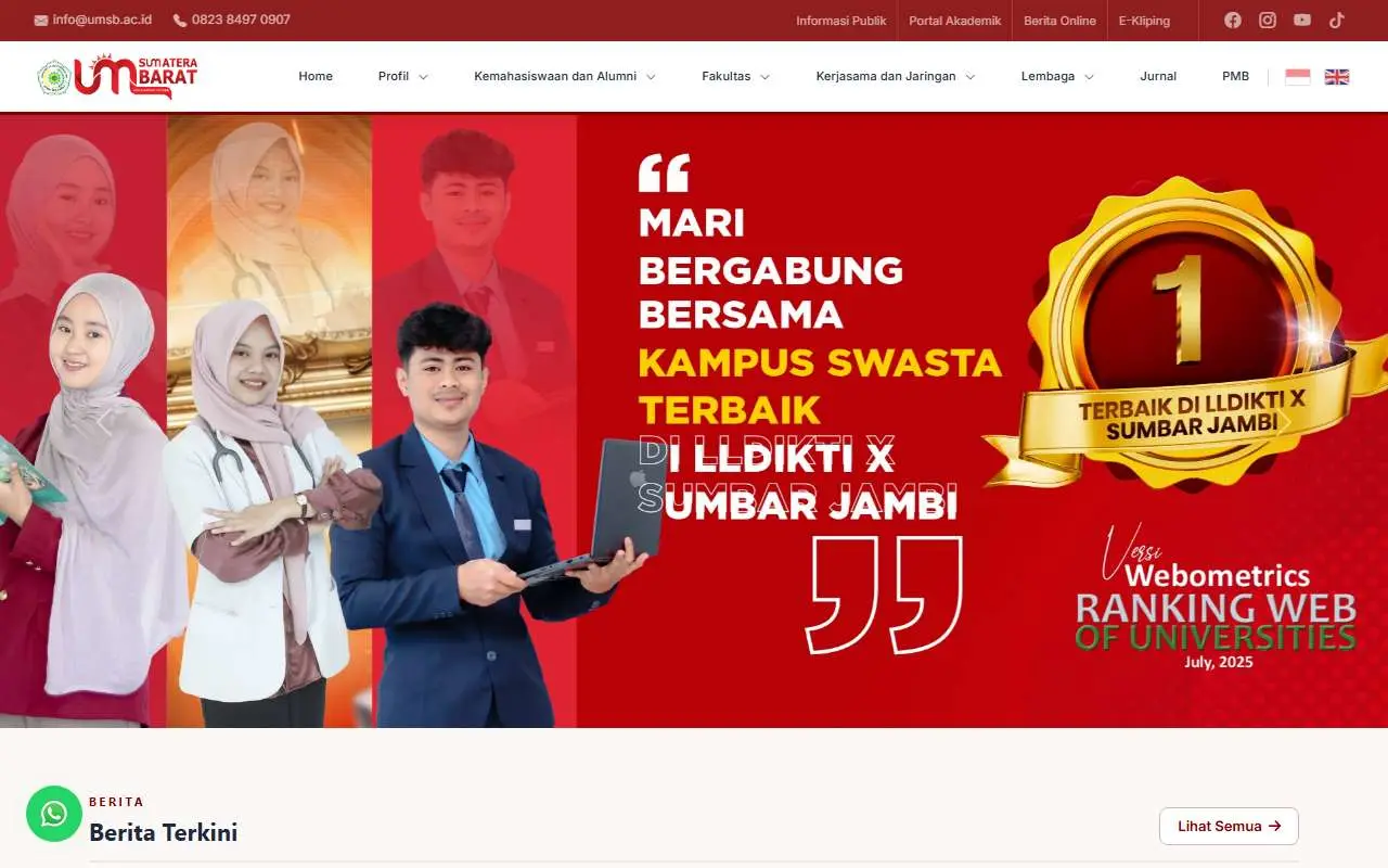 Tampilan website resmi Universitas Muhammadiyah Sumatera Barat (umsb.ac.id)