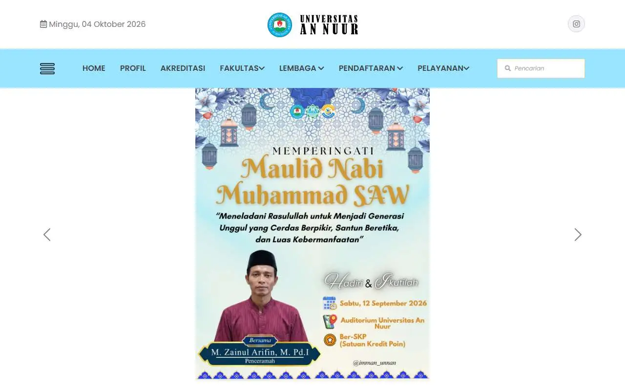 Tampilan website resmi Universitas An Nuur (unan.ac.id)