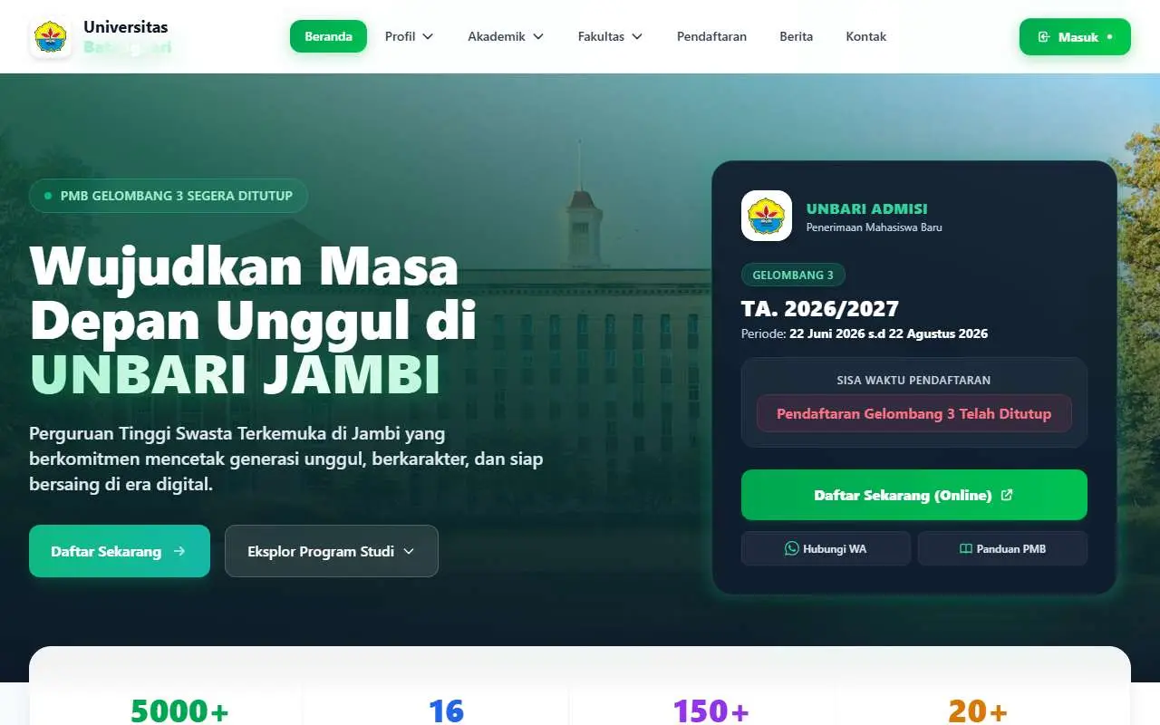 Tampilan website resmi Universitas Batanghari (unbari.ac.id)