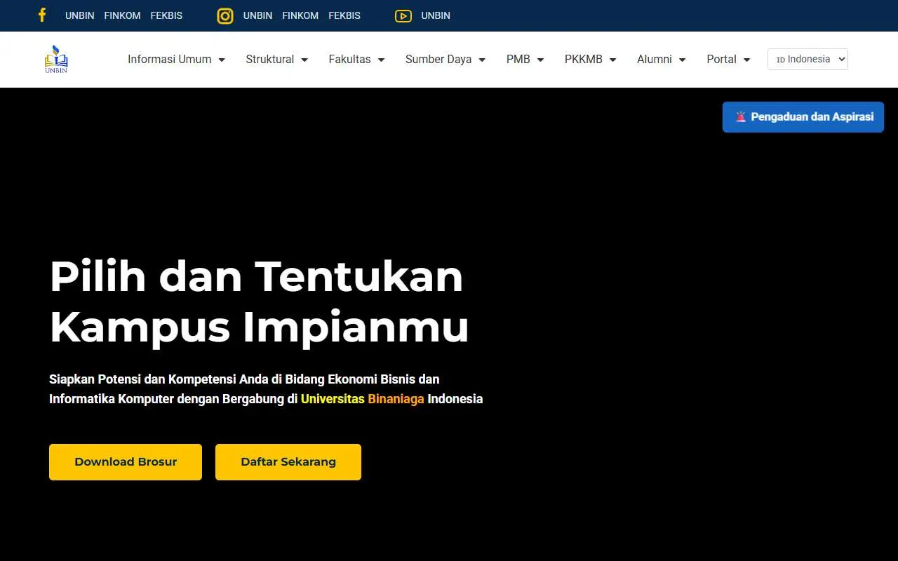 Tampilan website resmi Universitas Binaniaga Indonesia (unbin.ac.id)