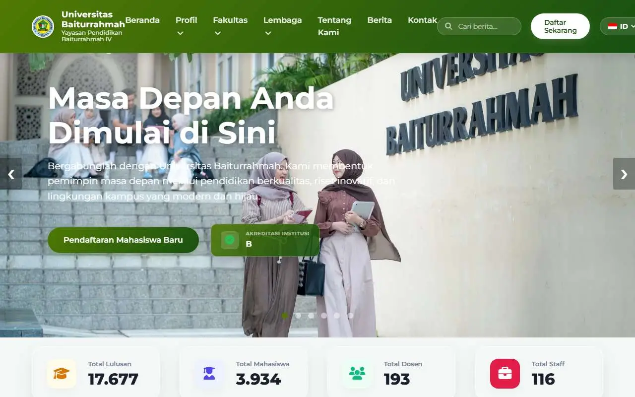 Tampilan website resmi Universitas Baiturrahmah (unbrah.ac.id)