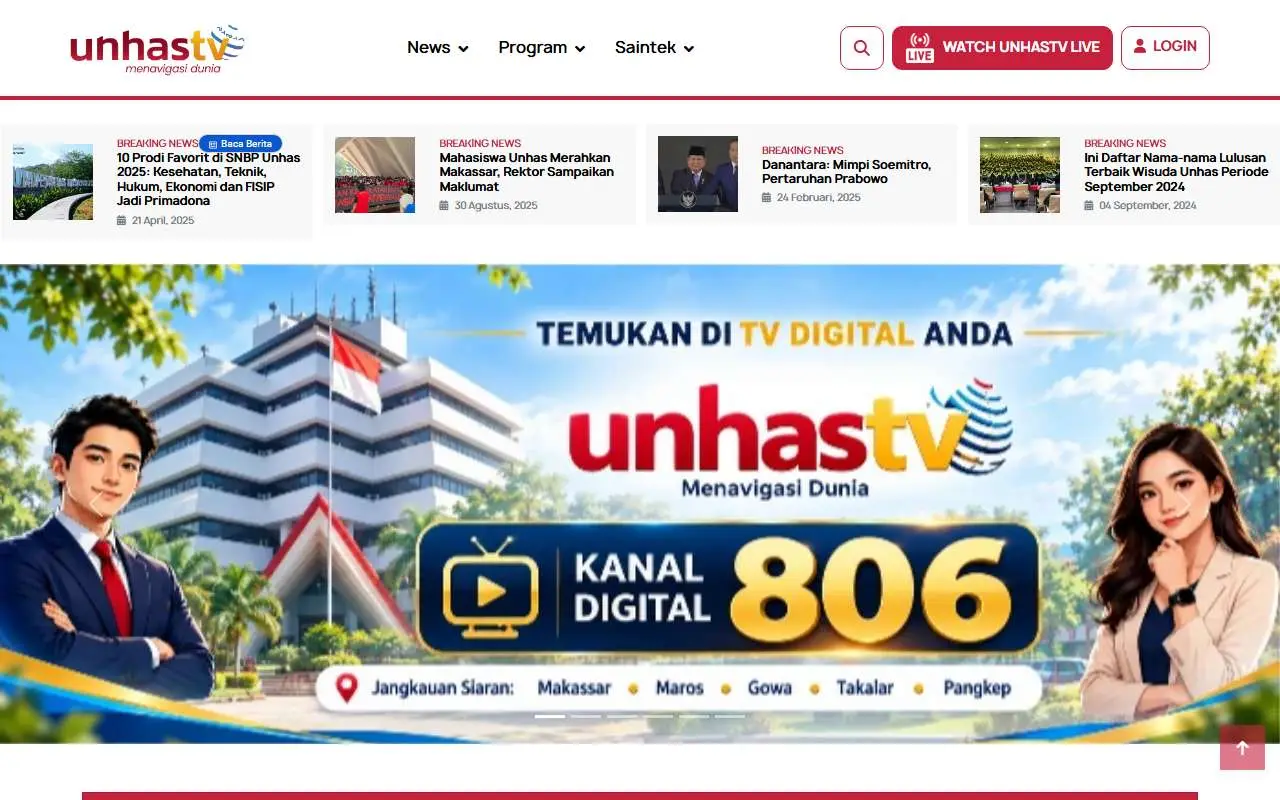 Tampilan website resmi Unhas TV (unhas.tv)