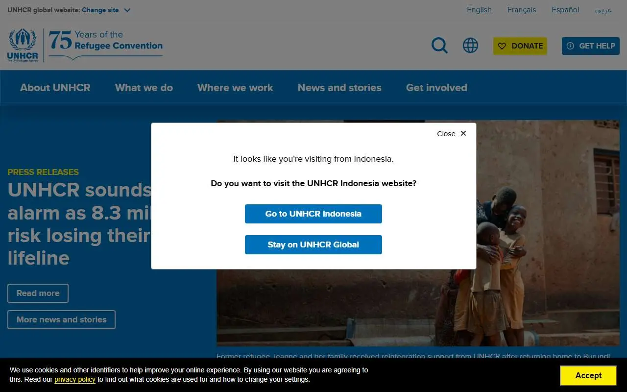 Tampilan website resmi UNHCR (unhcr.org)