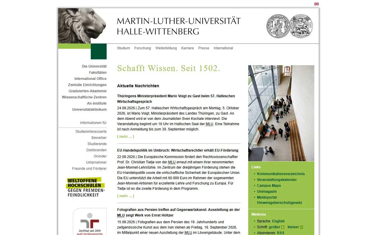 Tampilan website resmi Univ. Martin Luther Halle-Wittenberg (uni-halle.de)