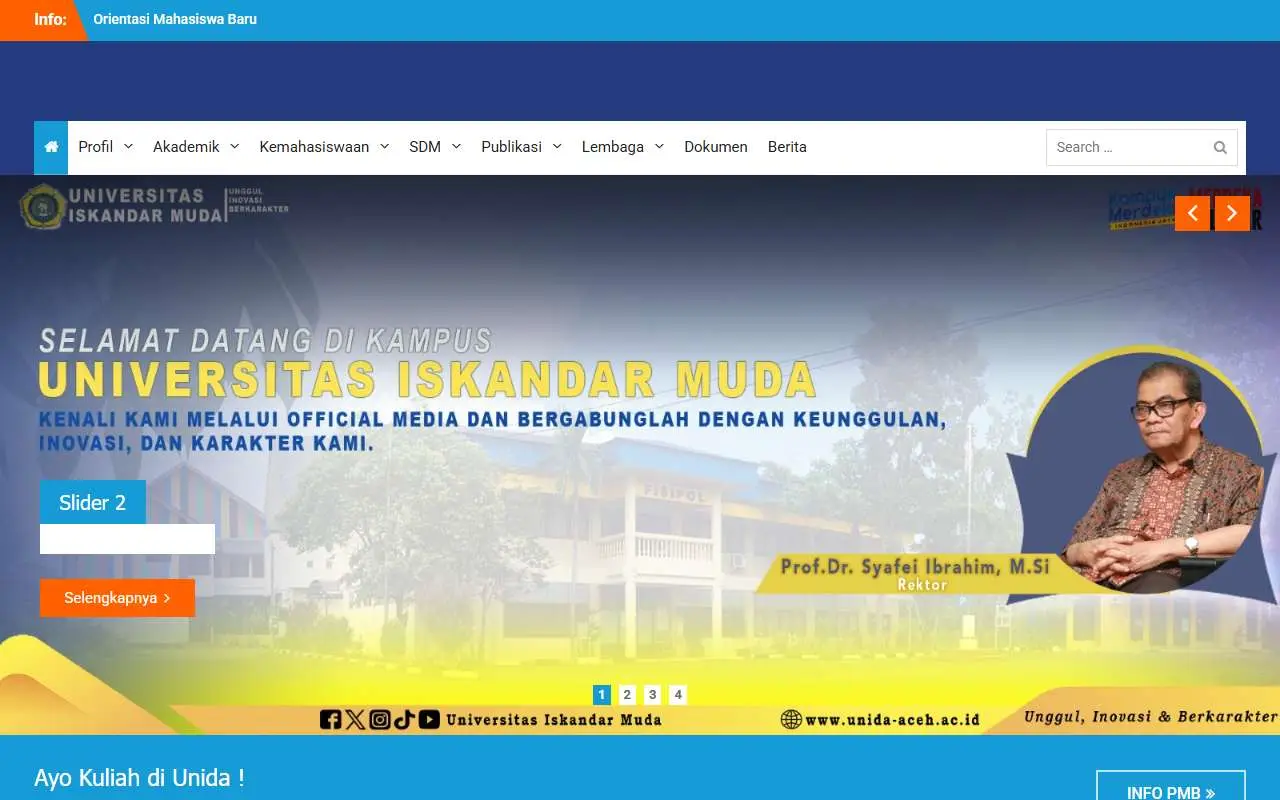 Tampilan website resmi Universitas Iskandar Muda (unida-aceh.ac.id)