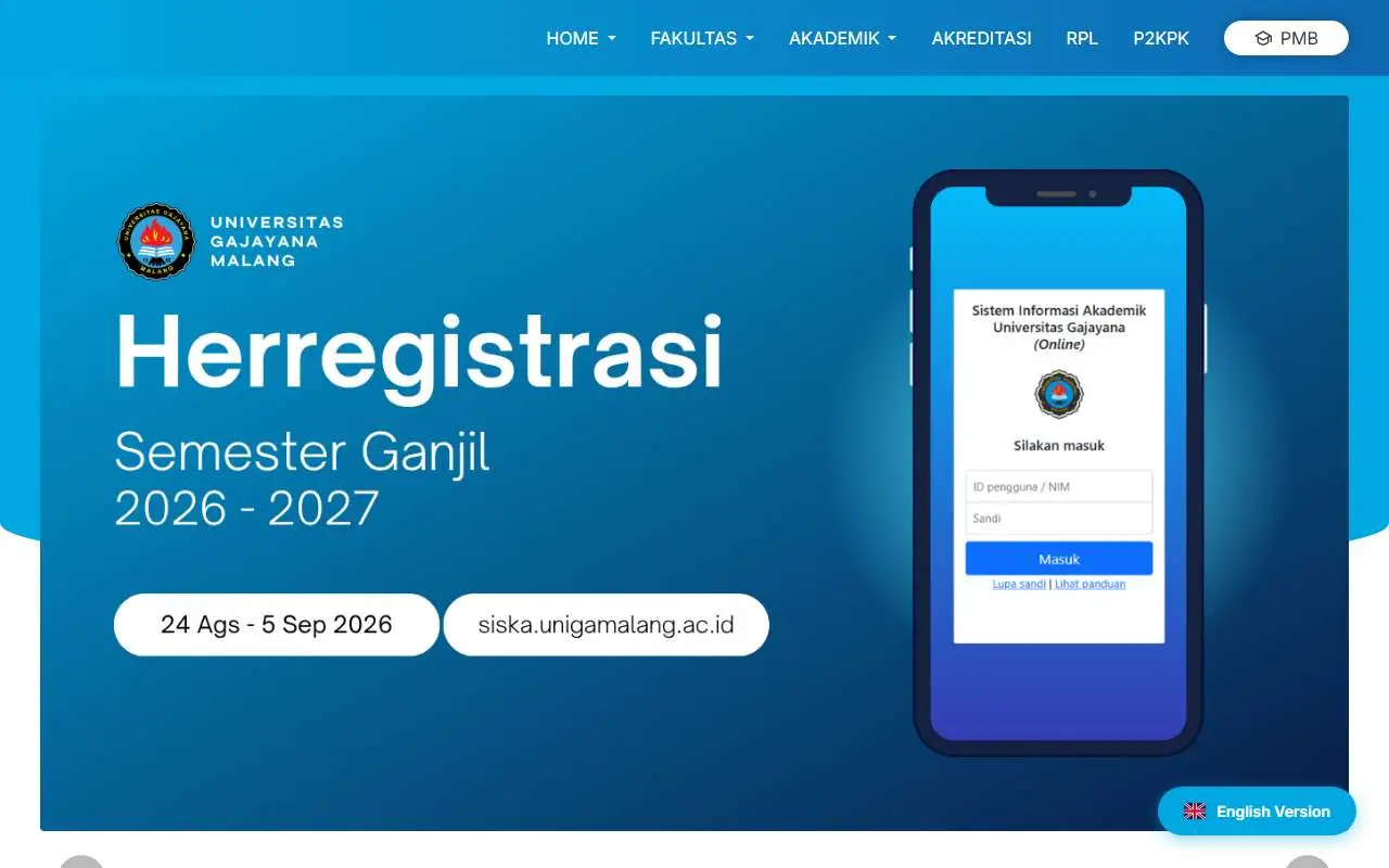 Tampilan website resmi Universitas Gajayana (unigamalang.ac.id)