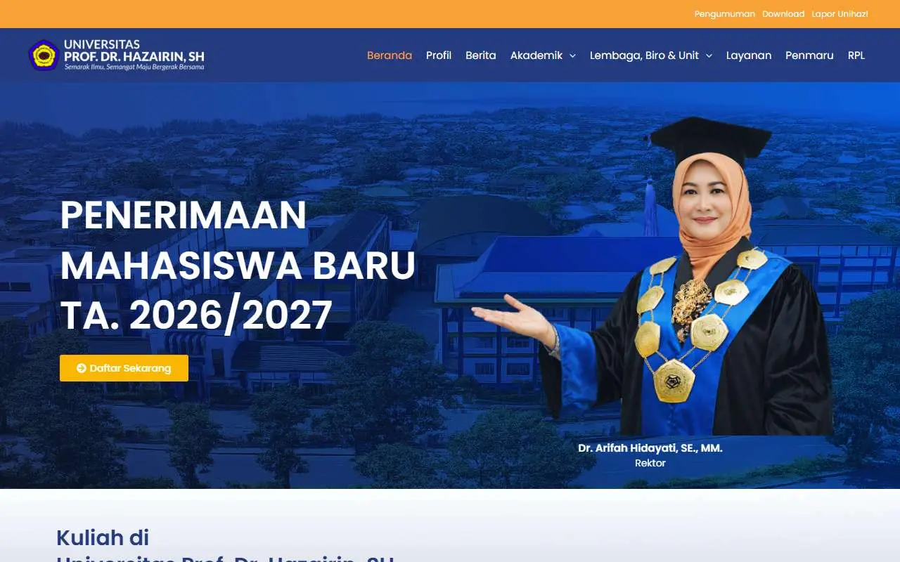 Tampilan website resmi Universitas Prof Dr Hazairin SH (unihaz.ac.id)