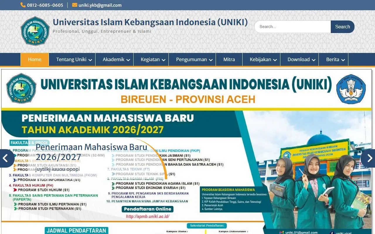 Tampilan website resmi Universitas Islam Kebangsaan Indonesia (uniki.ac.id)