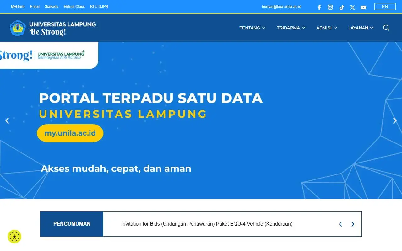 Tampilan website resmi Universitas Lampung (unila.ac.id)