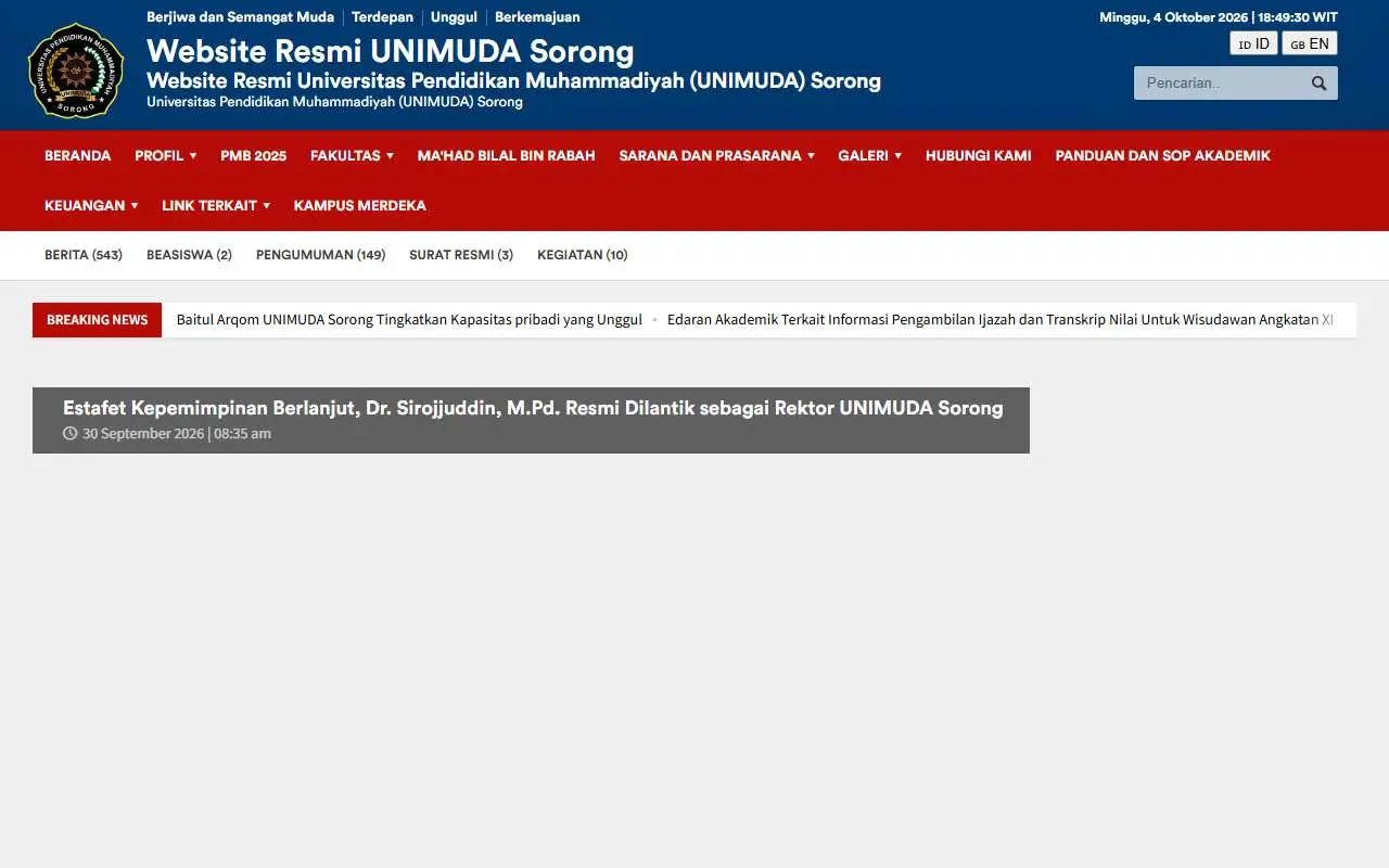 Tampilan website resmi Univ. Pendidikan Muhammadiyah Sorong (unimudasorong.ac.id)