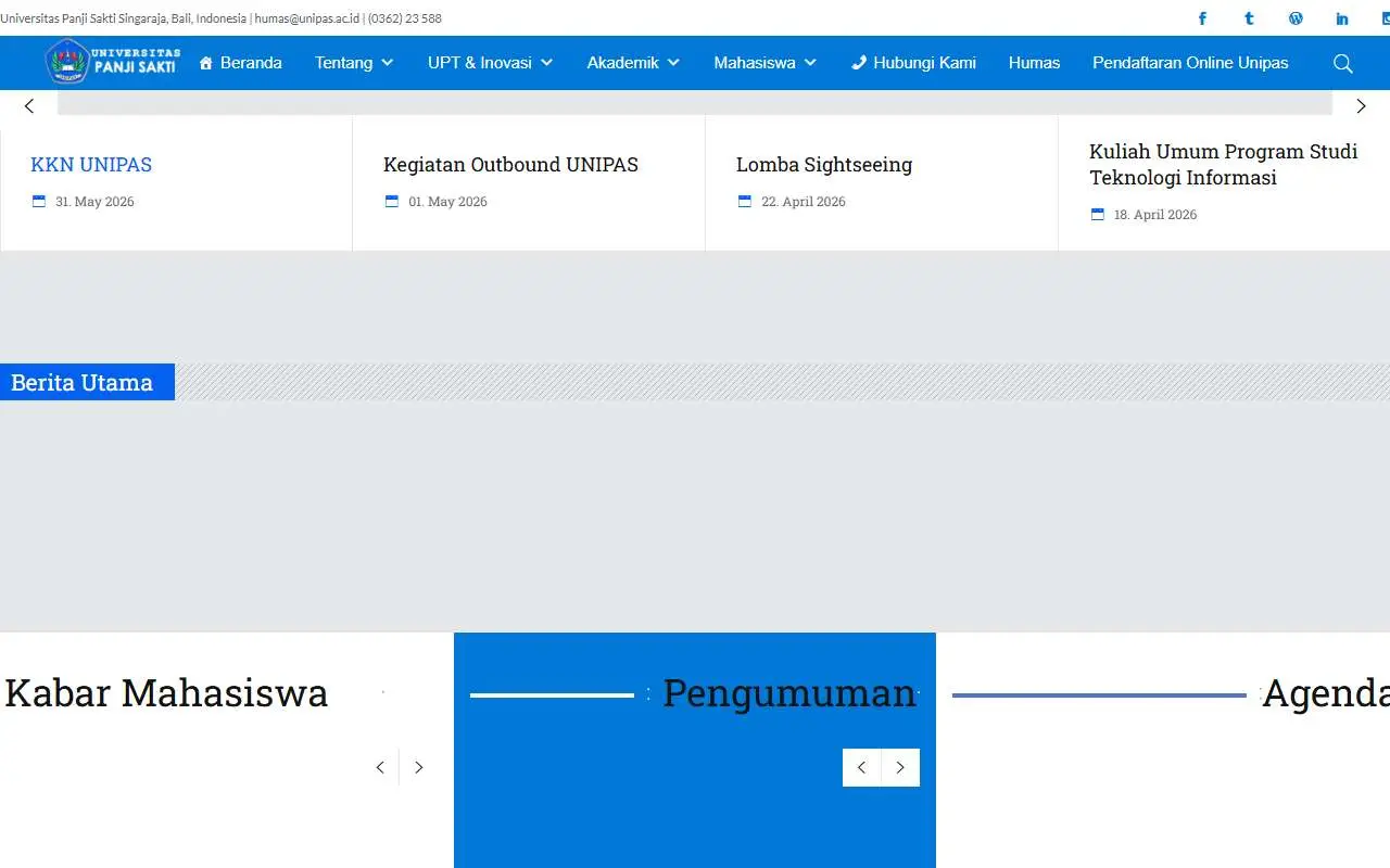 Tampilan website resmi Universitas Panji Sakti (unipas.ac.id)
