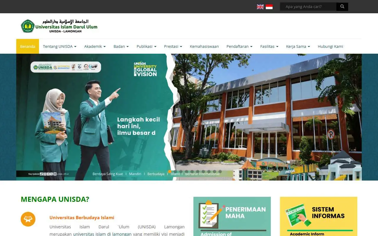 Tampilan website resmi Universitas Islam Darul Ulum Lamongan (unisda.ac.id)