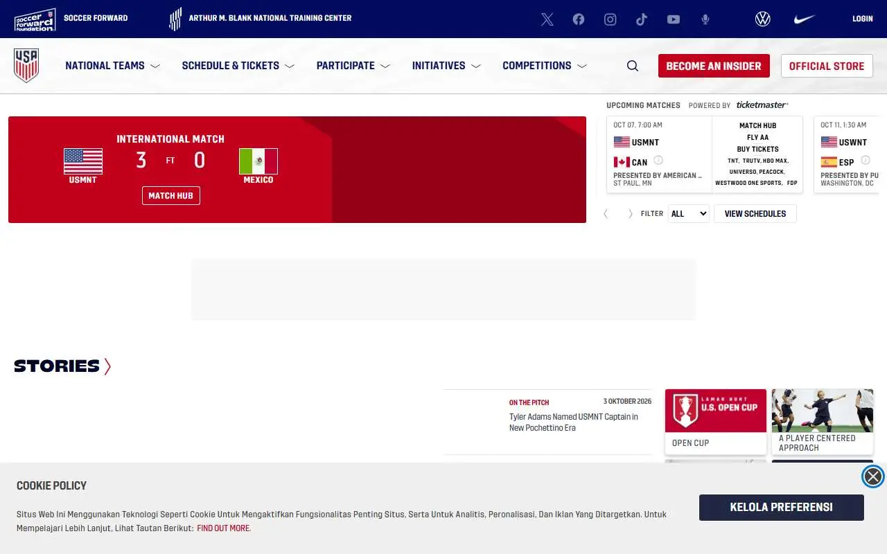 Tampilan website resmi Tim nasional sepak bola Amerika Serikat (ussoccer.com)