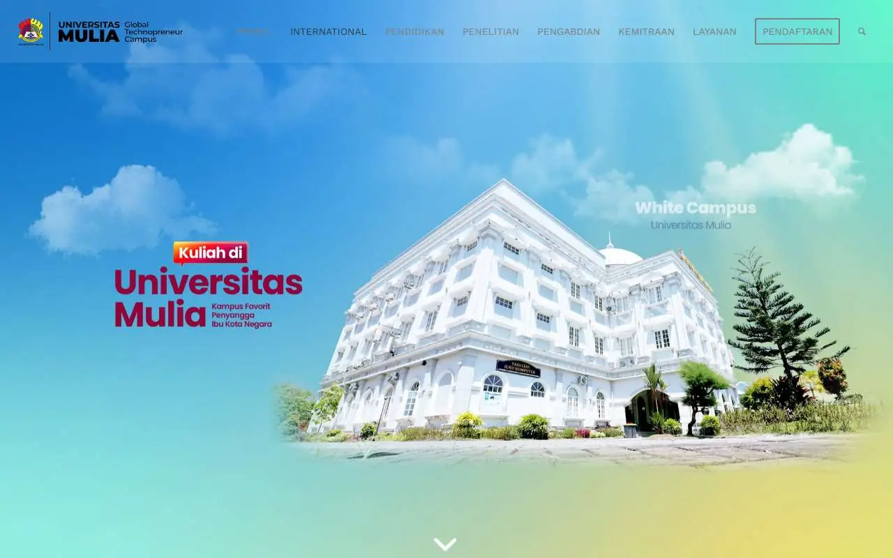 Tampilan website resmi Universitas Mulia (universitasmulia.ac.id)