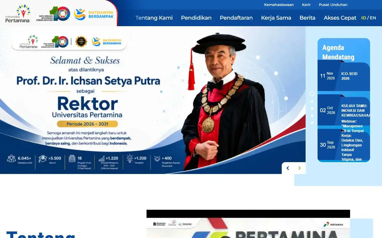 Tampilan website resmi Universitas Pertamina (universitaspertamina.ac.id)