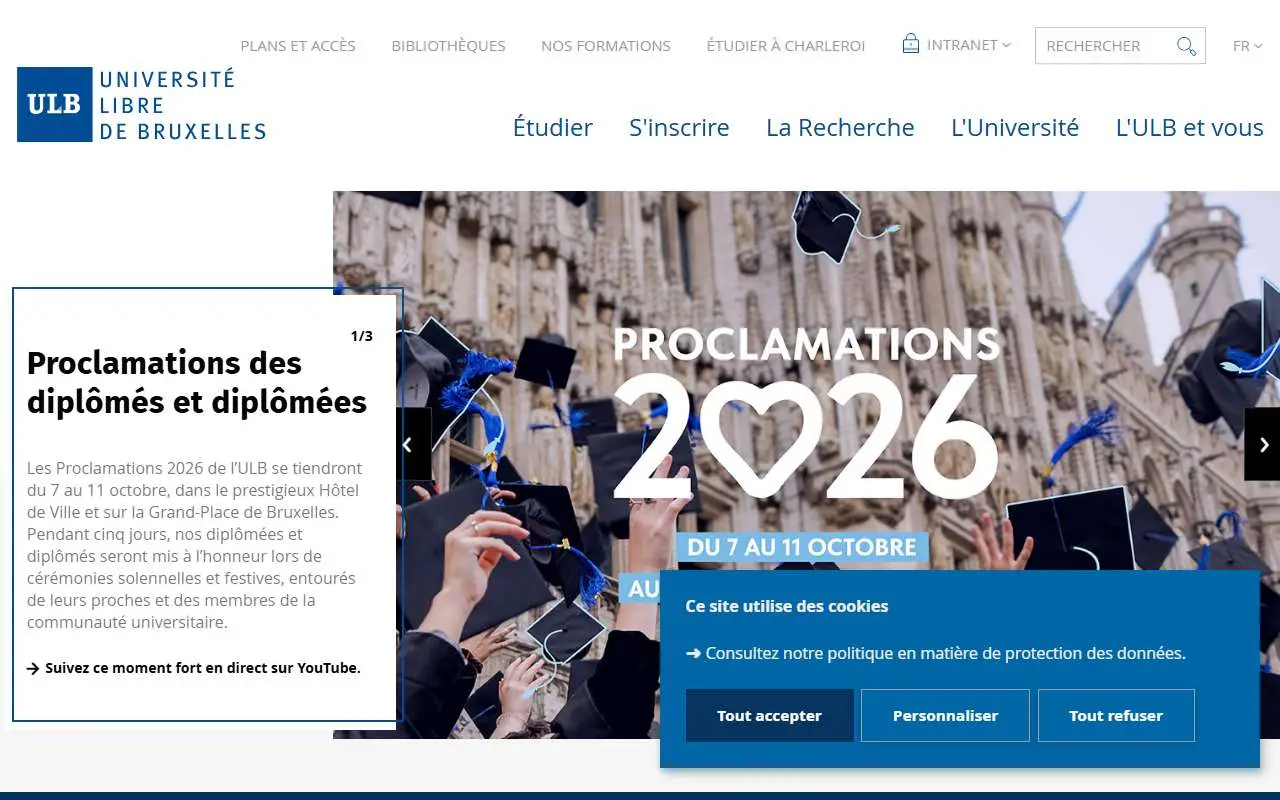 Tampilan website resmi Université libre de Bruxelles (ulb.be)