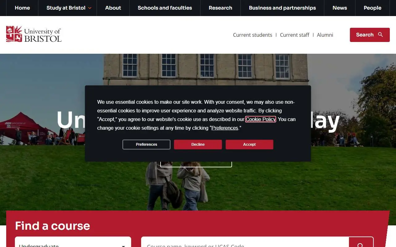 Tampilan website resmi Universitas Bristol (bristol.ac.uk)