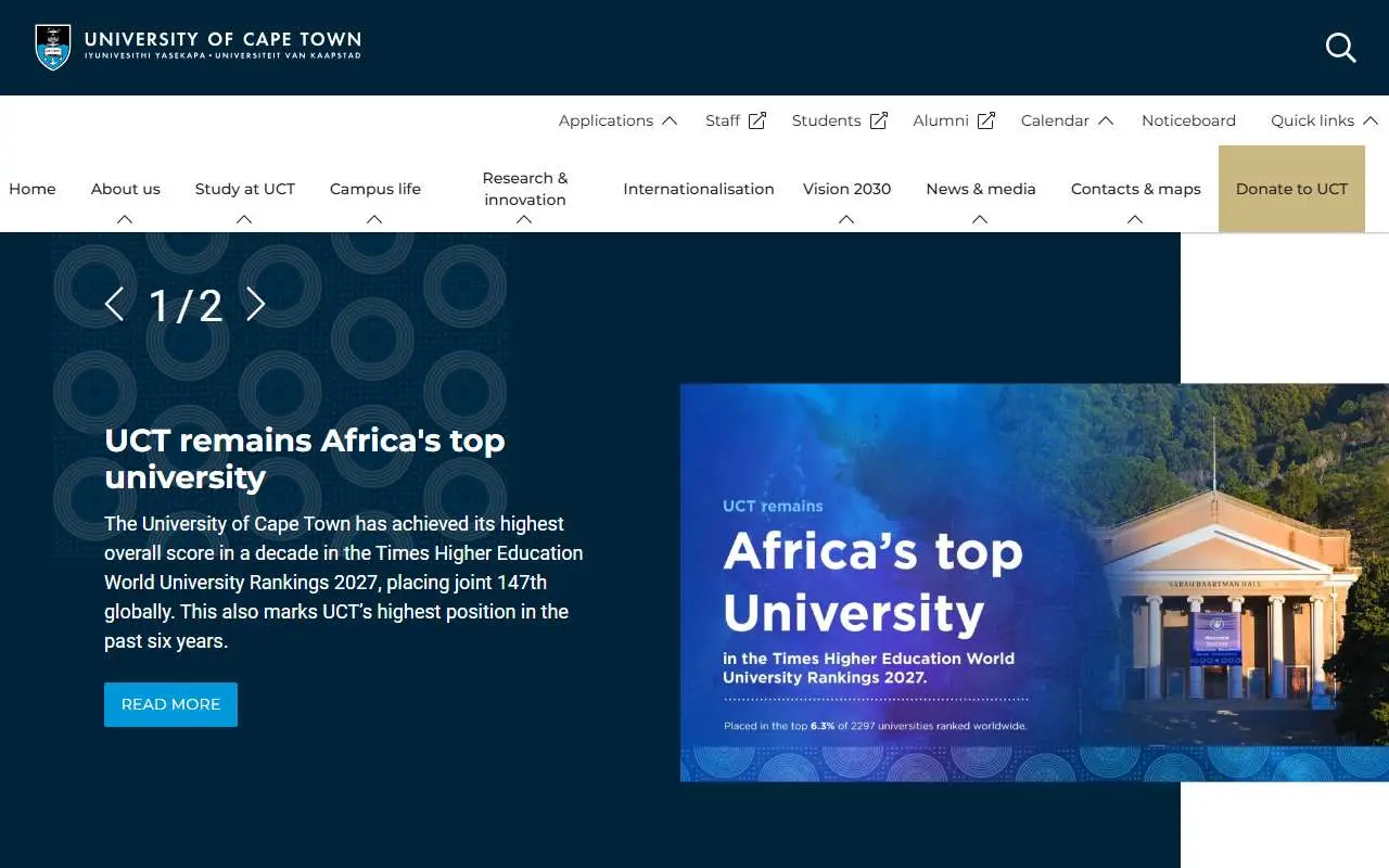 Tampilan website resmi Universitas Cape Town (uct.ac.za)