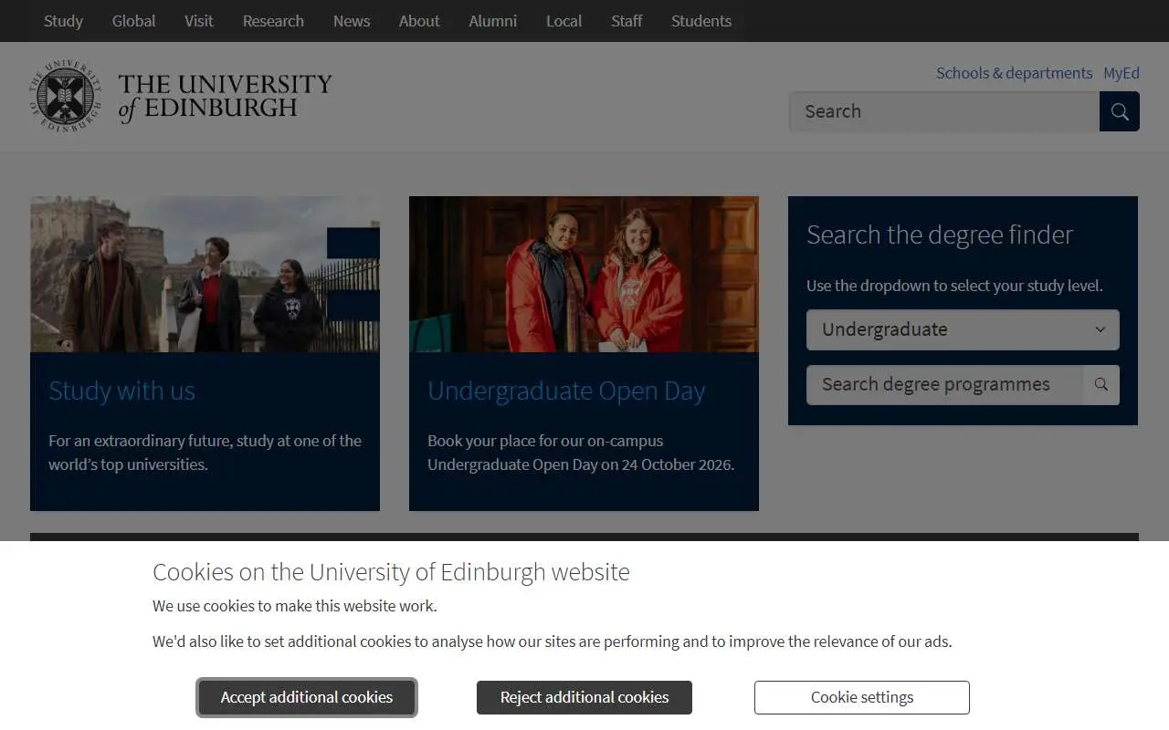 Tampilan website resmi Universitas Edinburgh (ed.ac.uk)