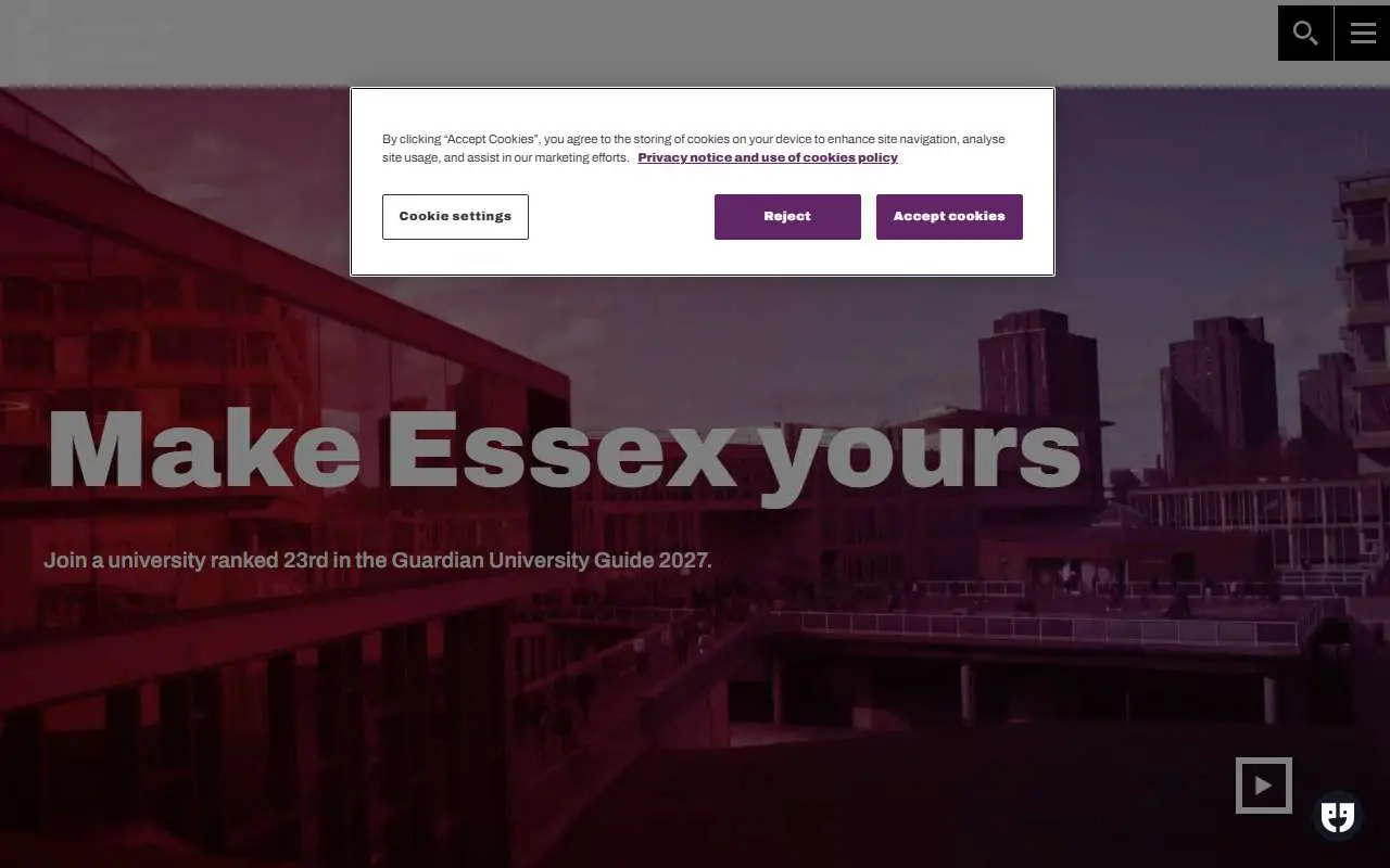 Tampilan website resmi University of Essex (essex.ac.uk)