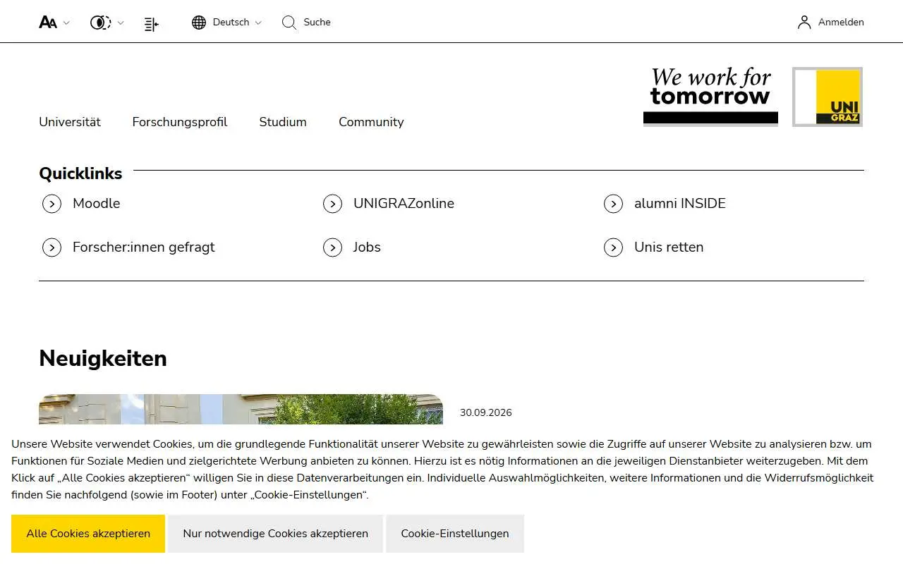 Tampilan website resmi Universitas Graz (uni-graz.at)