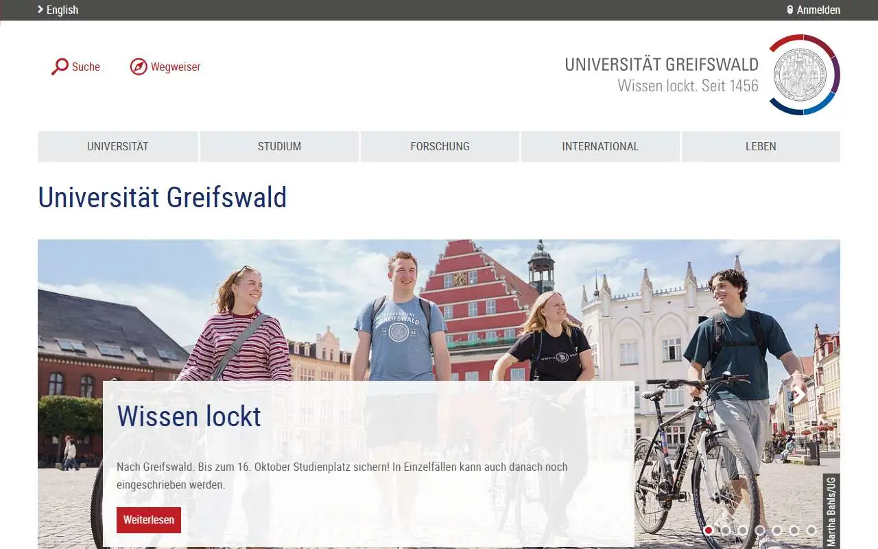 Tampilan website resmi Universitas Greifswald (uni-greifswald.de)