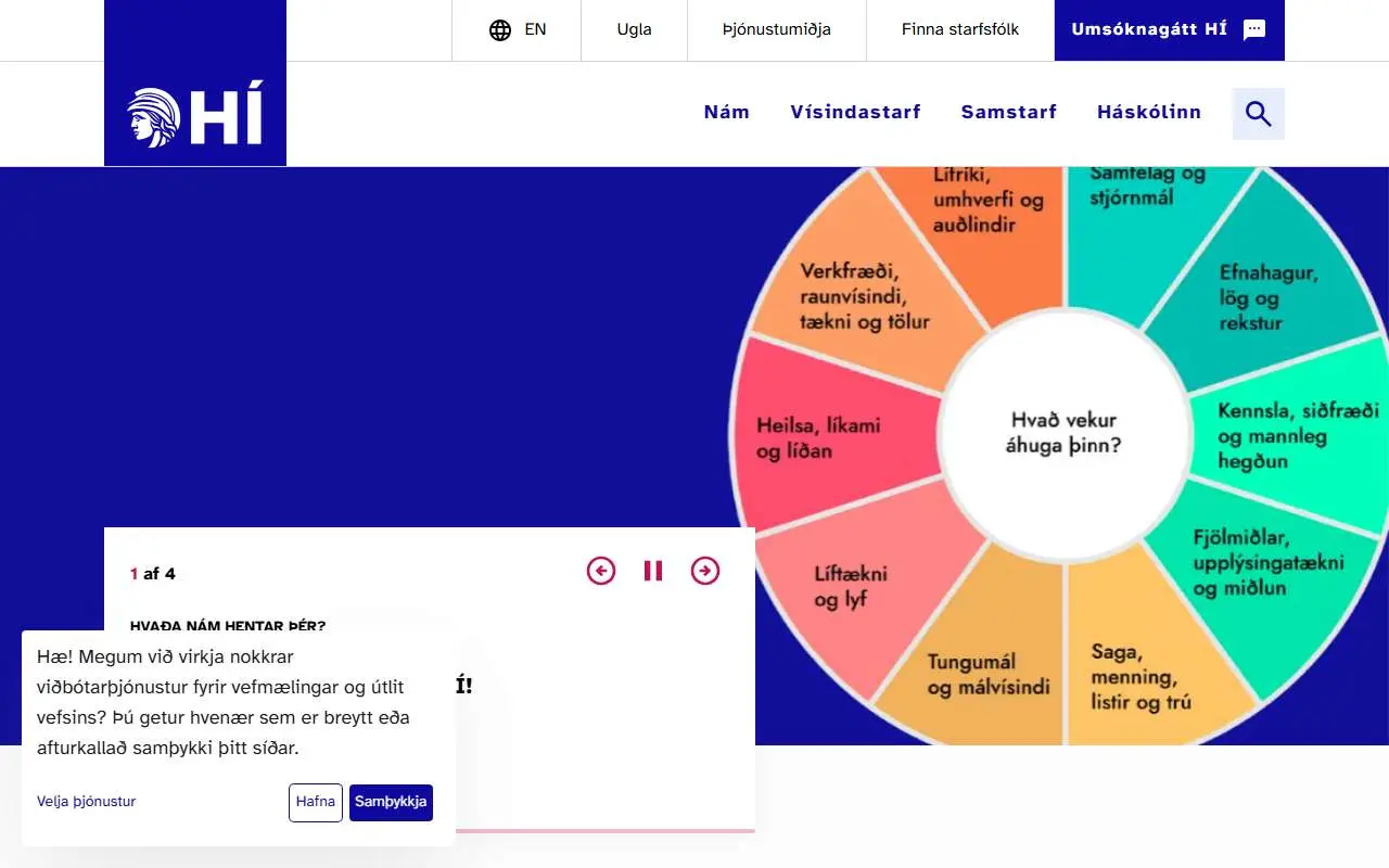 Tampilan website resmi Universitas Islandia (hi.is)