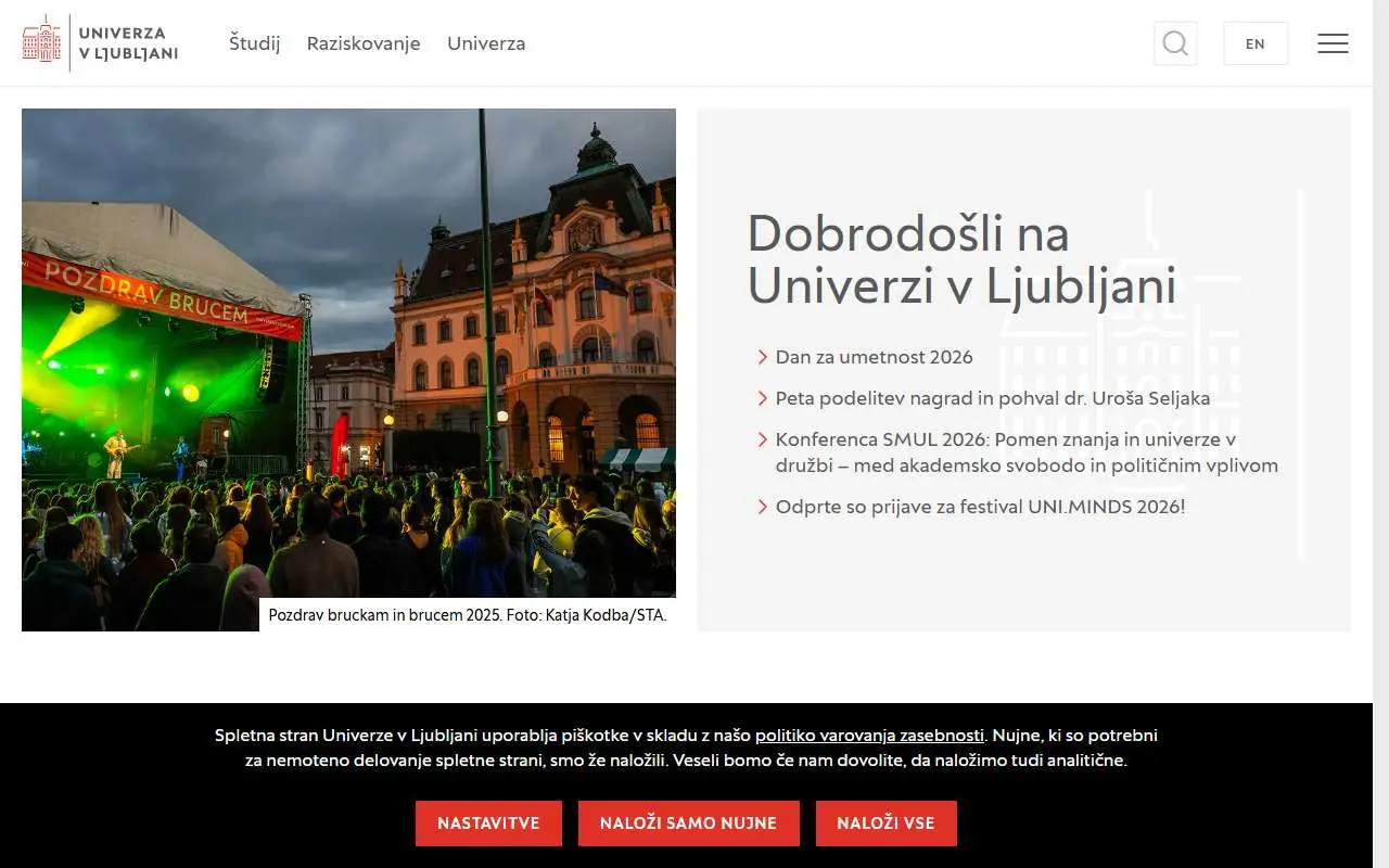 Tampilan website resmi University of Ljubljana (uni-lj.si)