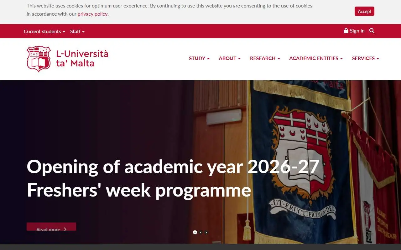 Tampilan website resmi Universitas Malta (um.edu.mt)