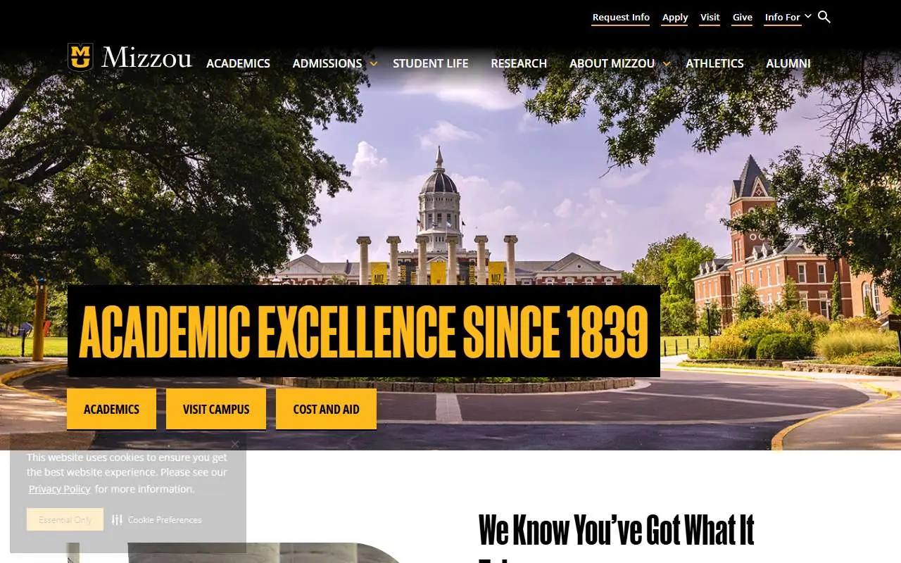Tampilan website resmi University of Missouri (missouri.edu)