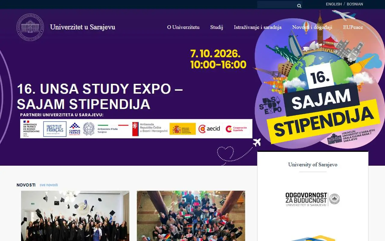 Tampilan website resmi Universitas Sarajevo (unsa.ba)